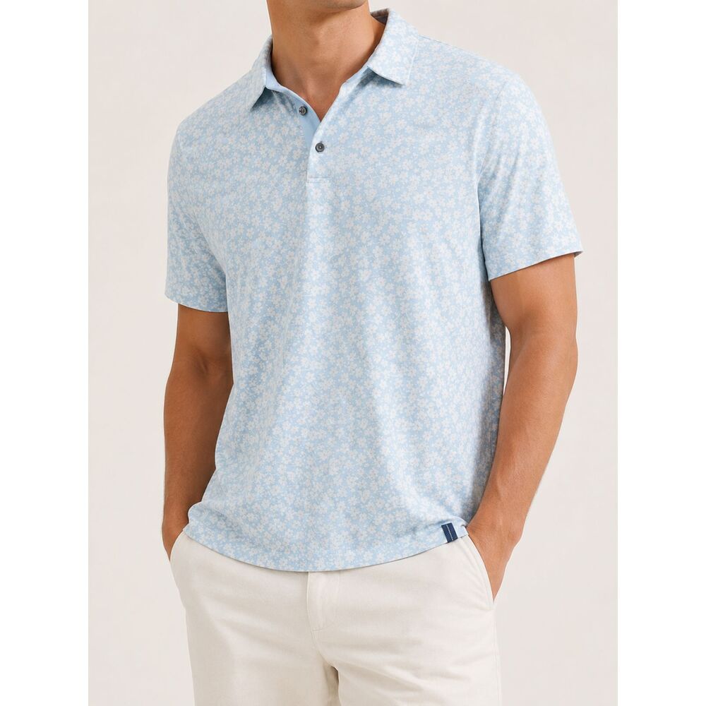 Perry Ellis Pima Cotton Polo Shirt Mens M Blue Floral Print Short Sleeve Golf